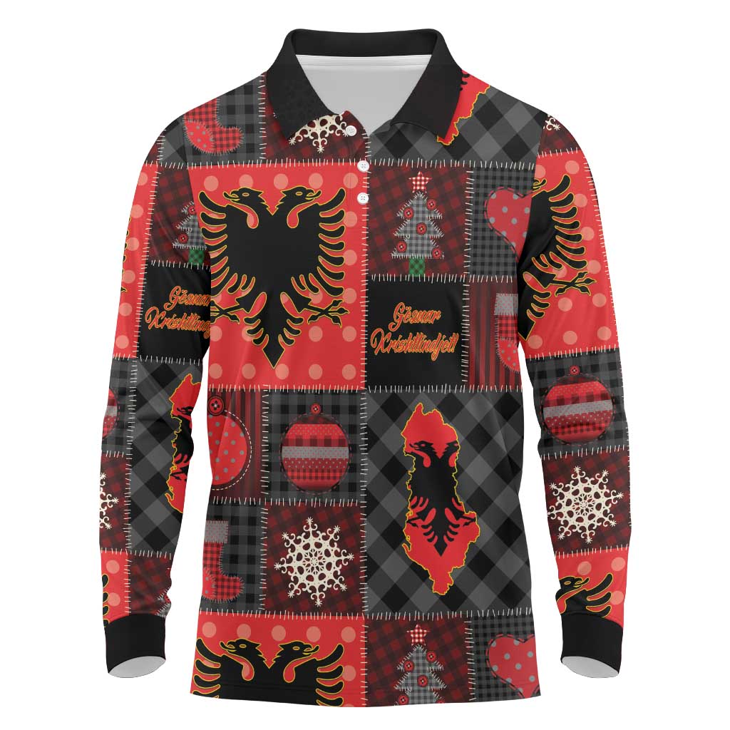 Albania Christmas Patchwork Long Sleeve Polo Shirt - Wonder Print Shop