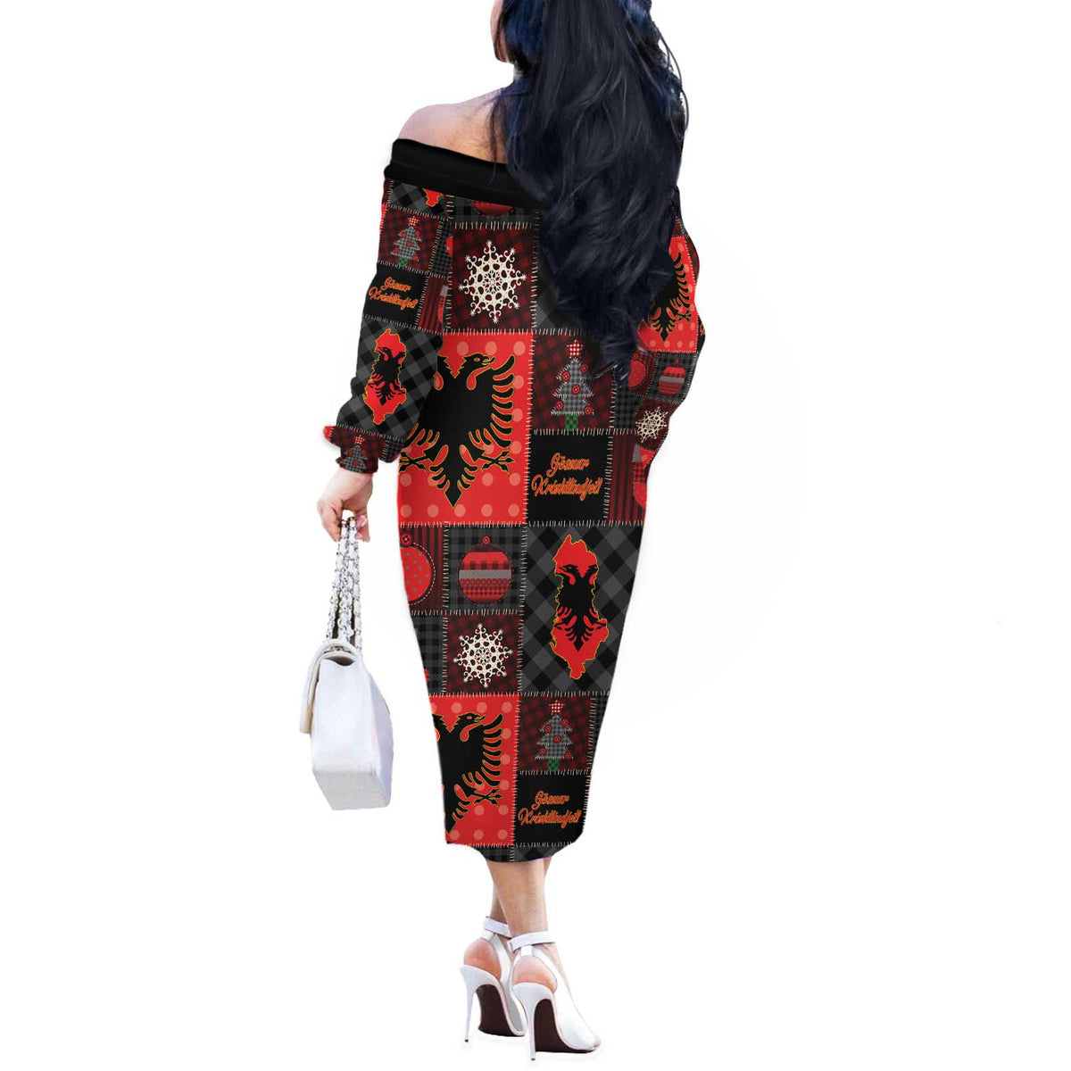 Albania Christmas Patchwork Off The Shoulder Long Sleeve Dress - Wonder Print Shop