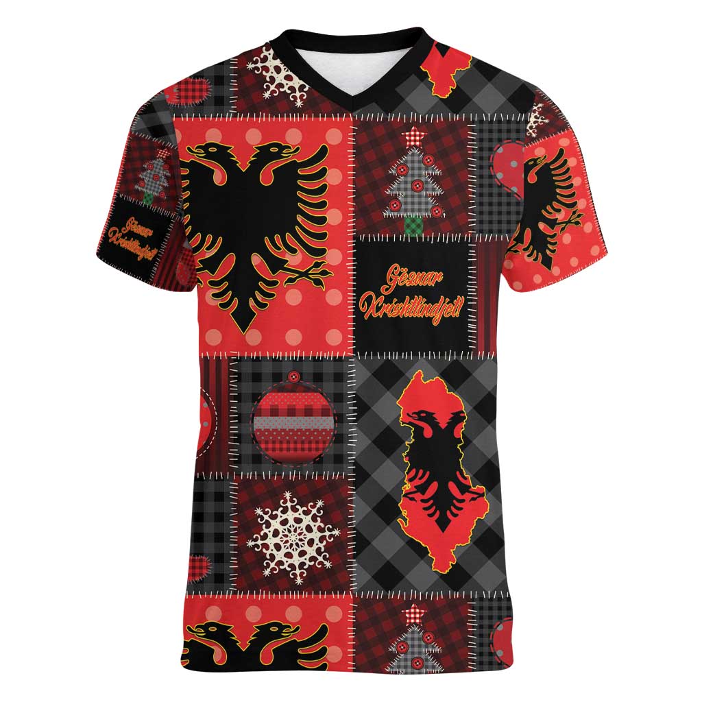 Albania Christmas Patchwork Women V-Neck T-Shirt - Wonder Print Shop