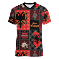Albania Christmas Patchwork Women V-Neck T-Shirt - Wonder Print Shop