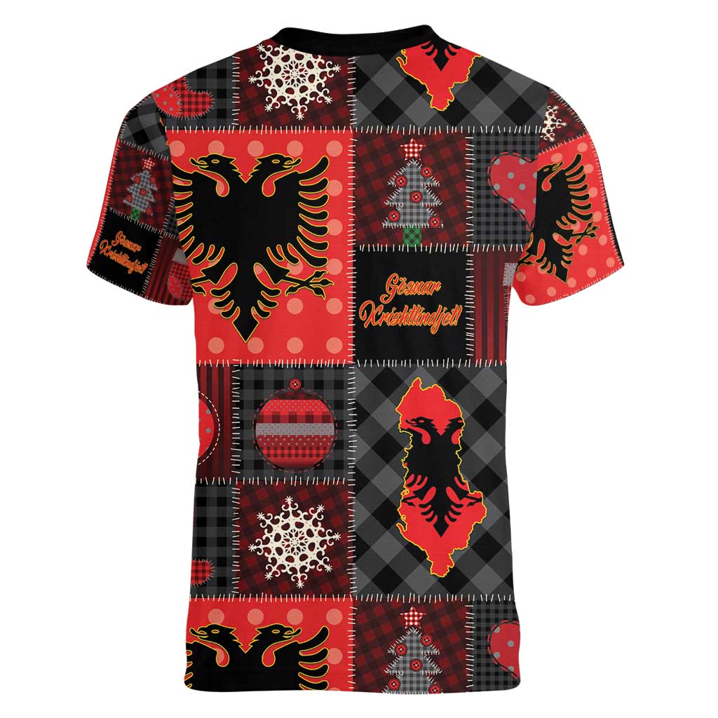 Albania Christmas Patchwork Women V-Neck T-Shirt - Wonder Print Shop