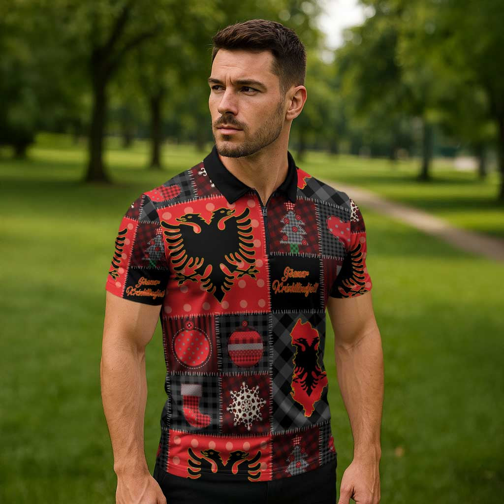 Albania Christmas Patchwork Zipper Polo Shirt - Wonder Print Shop
