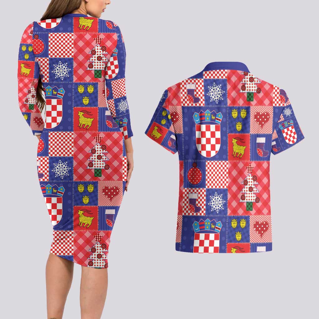 Croatia Christmas Patchwork Couples Matching Long Sleeve Bodycon Dress and Hawaiian Shirt - Wonder Print Shop