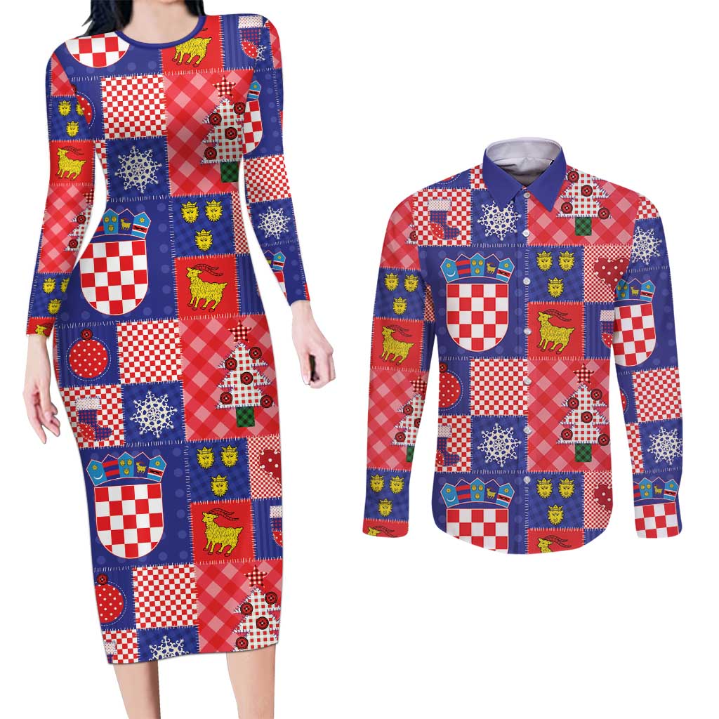 Croatia Christmas Patchwork Couples Matching Long Sleeve Bodycon Dress and Long Sleeve Button Shirt - Wonder Print Shop