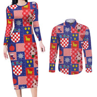 Croatia Christmas Patchwork Couples Matching Long Sleeve Bodycon Dress and Long Sleeve Button Shirt - Wonder Print Shop