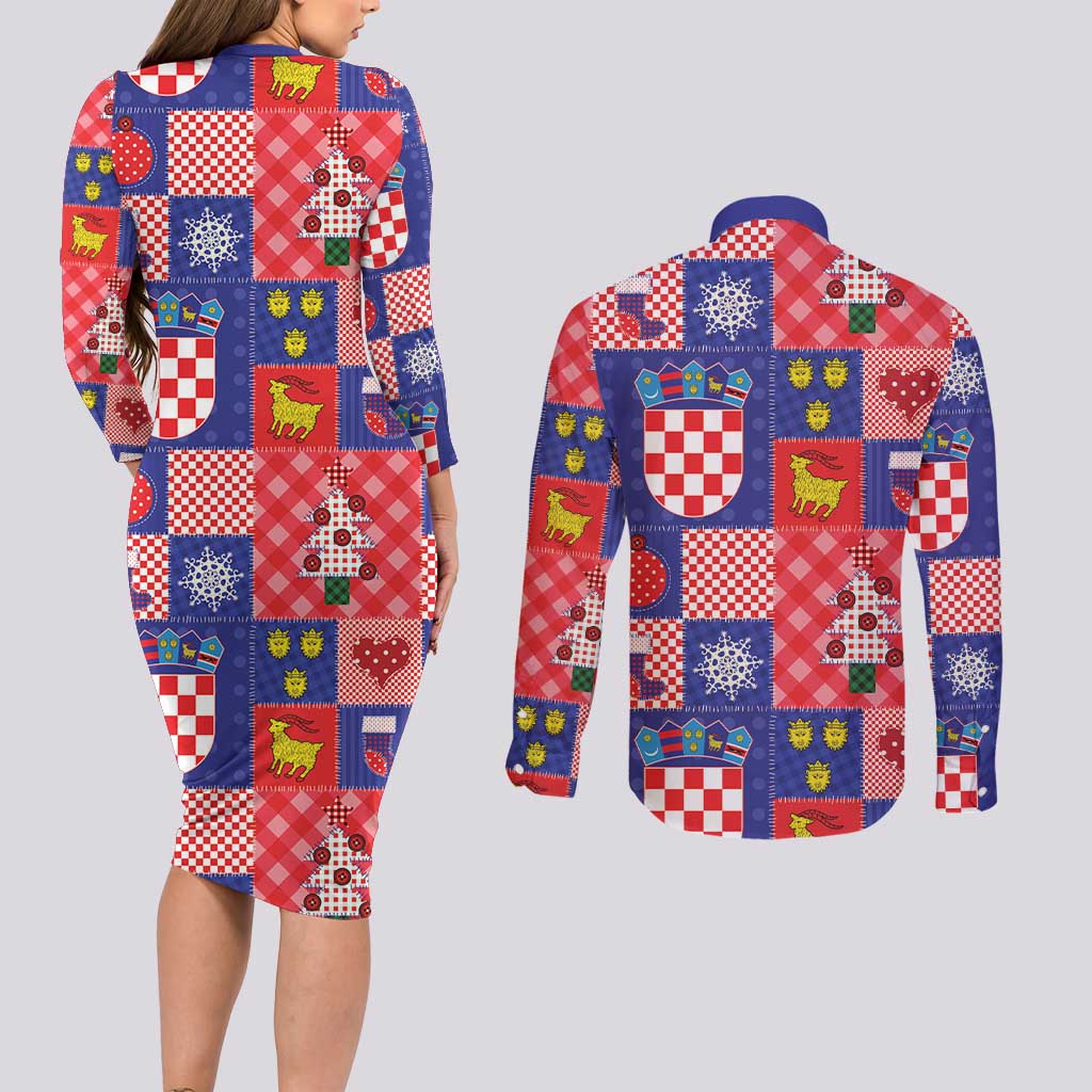 Croatia Christmas Patchwork Couples Matching Long Sleeve Bodycon Dress and Long Sleeve Button Shirt - Wonder Print Shop