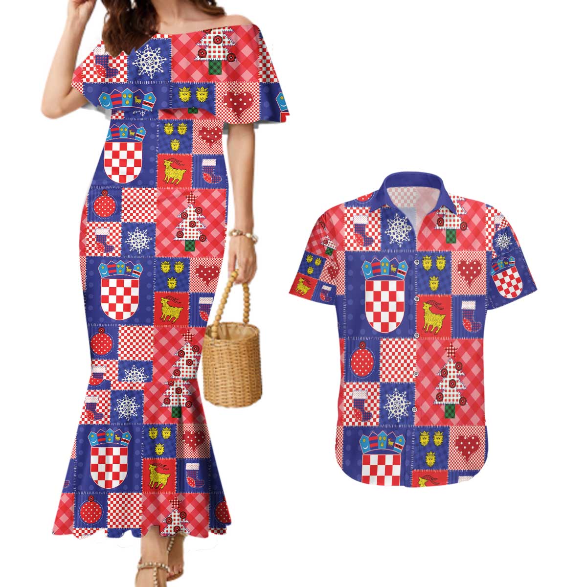 Croatia Christmas Patchwork Couples Matching Mermaid Dress and Hawaiian Shirt - Wonder Print Shop