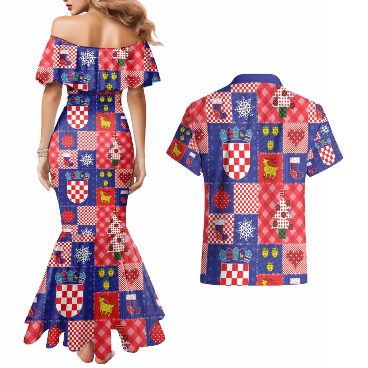 Croatia Christmas Patchwork Couples Matching Mermaid Dress and Hawaiian Shirt - Wonder Print Shop