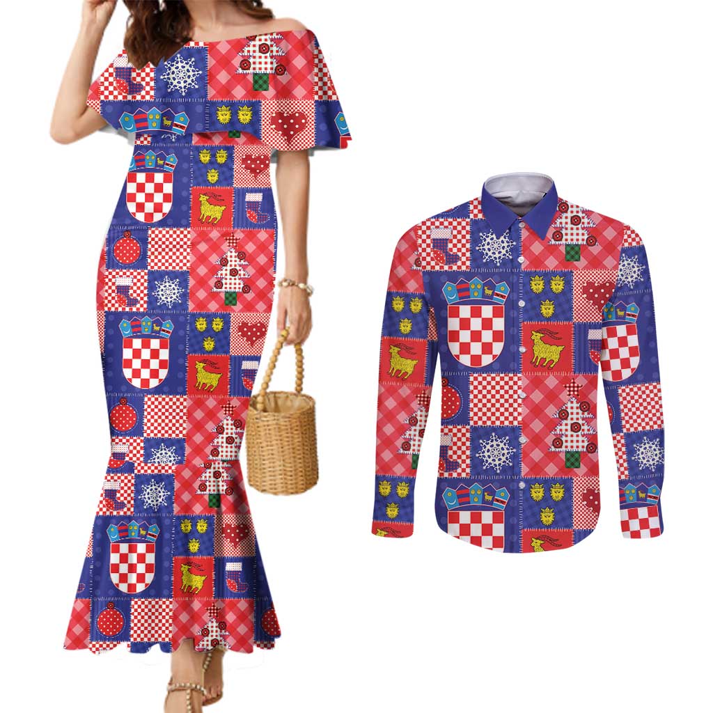 Croatia Christmas Patchwork Couples Matching Mermaid Dress and Long Sleeve Button Shirt - Wonder Print Shop