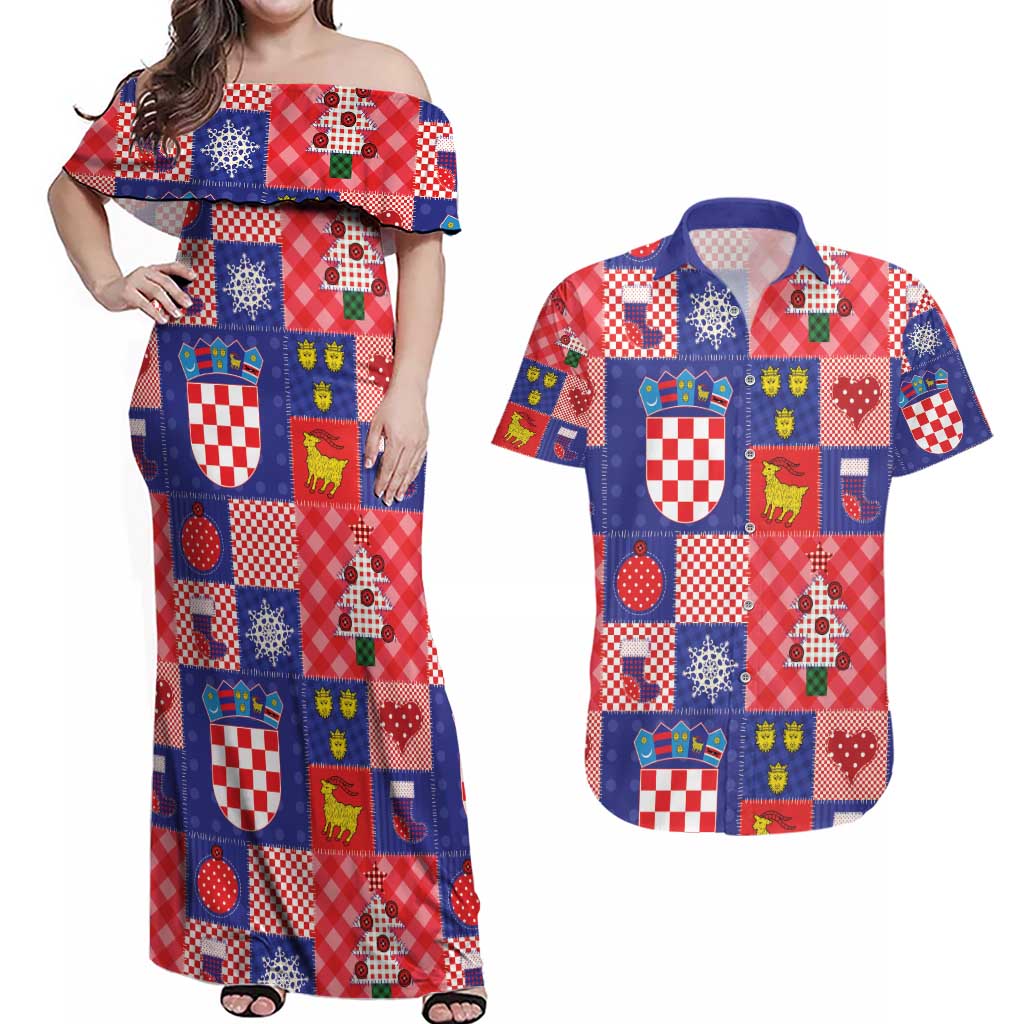 Croatia Christmas Patchwork Couples Matching Off Shoulder Maxi Dress and Hawaiian Shirt - Wonder Print Shop