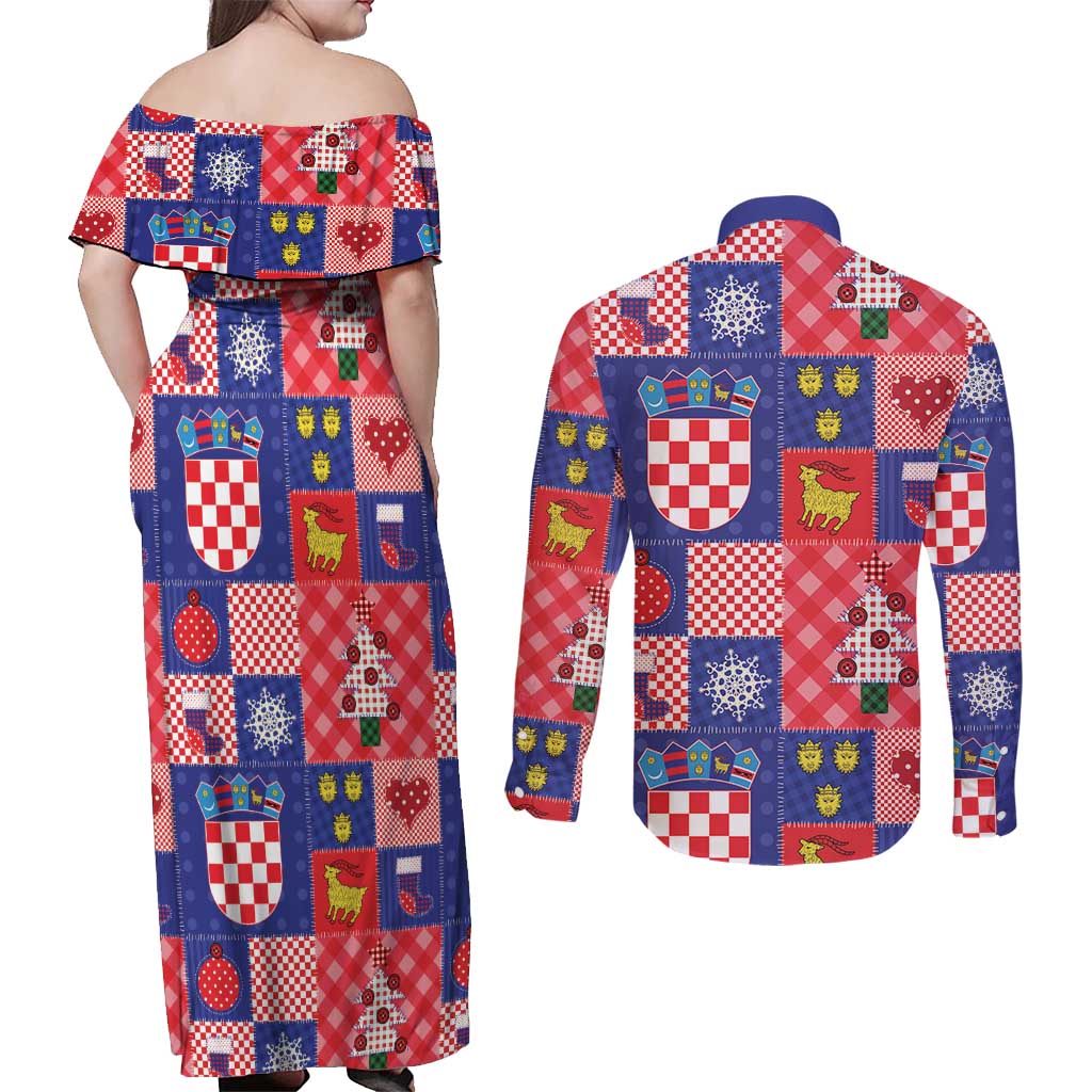Croatia Christmas Patchwork Couples Matching Off Shoulder Maxi Dress and Long Sleeve Button Shirt - Wonder Print Shop