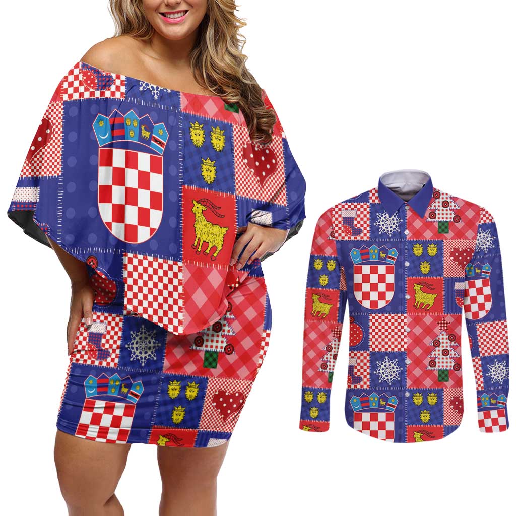 Croatia Christmas Patchwork Couples Matching Off Shoulder Short Dress and Long Sleeve Button Shirt - Wonder Print Shop