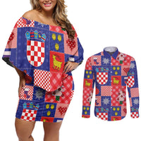 Croatia Christmas Patchwork Couples Matching Off Shoulder Short Dress and Long Sleeve Button Shirt - Wonder Print Shop