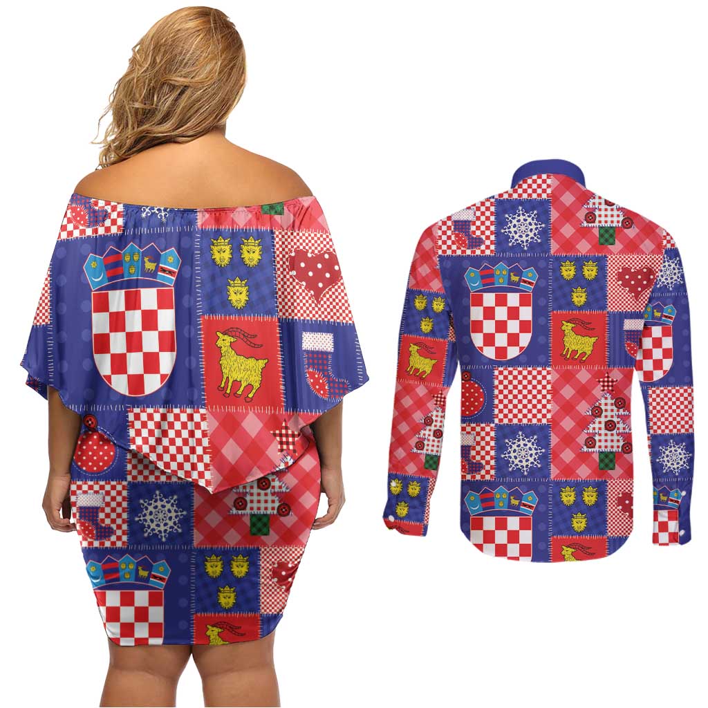 Croatia Christmas Patchwork Couples Matching Off Shoulder Short Dress and Long Sleeve Button Shirt - Wonder Print Shop