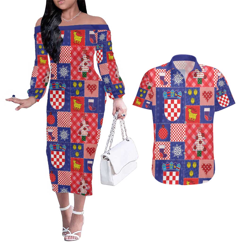 Croatia Christmas Patchwork Couples Matching Off The Shoulder Long Sleeve Dress and Hawaiian Shirt - Wonder Print Shop