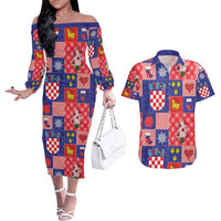 Croatia Christmas Patchwork Couples Matching Off The Shoulder Long Sleeve Dress and Hawaiian Shirt - Wonder Print Shop