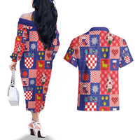 Croatia Christmas Patchwork Couples Matching Off The Shoulder Long Sleeve Dress and Hawaiian Shirt - Wonder Print Shop