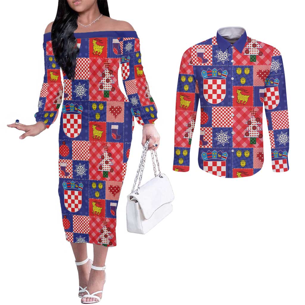 Croatia Christmas Patchwork Couples Matching Off The Shoulder Long Sleeve Dress and Long Sleeve Button Shirt - Wonder Print Shop