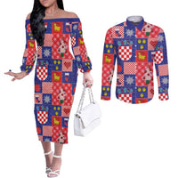 Croatia Christmas Patchwork Couples Matching Off The Shoulder Long Sleeve Dress and Long Sleeve Button Shirt - Wonder Print Shop