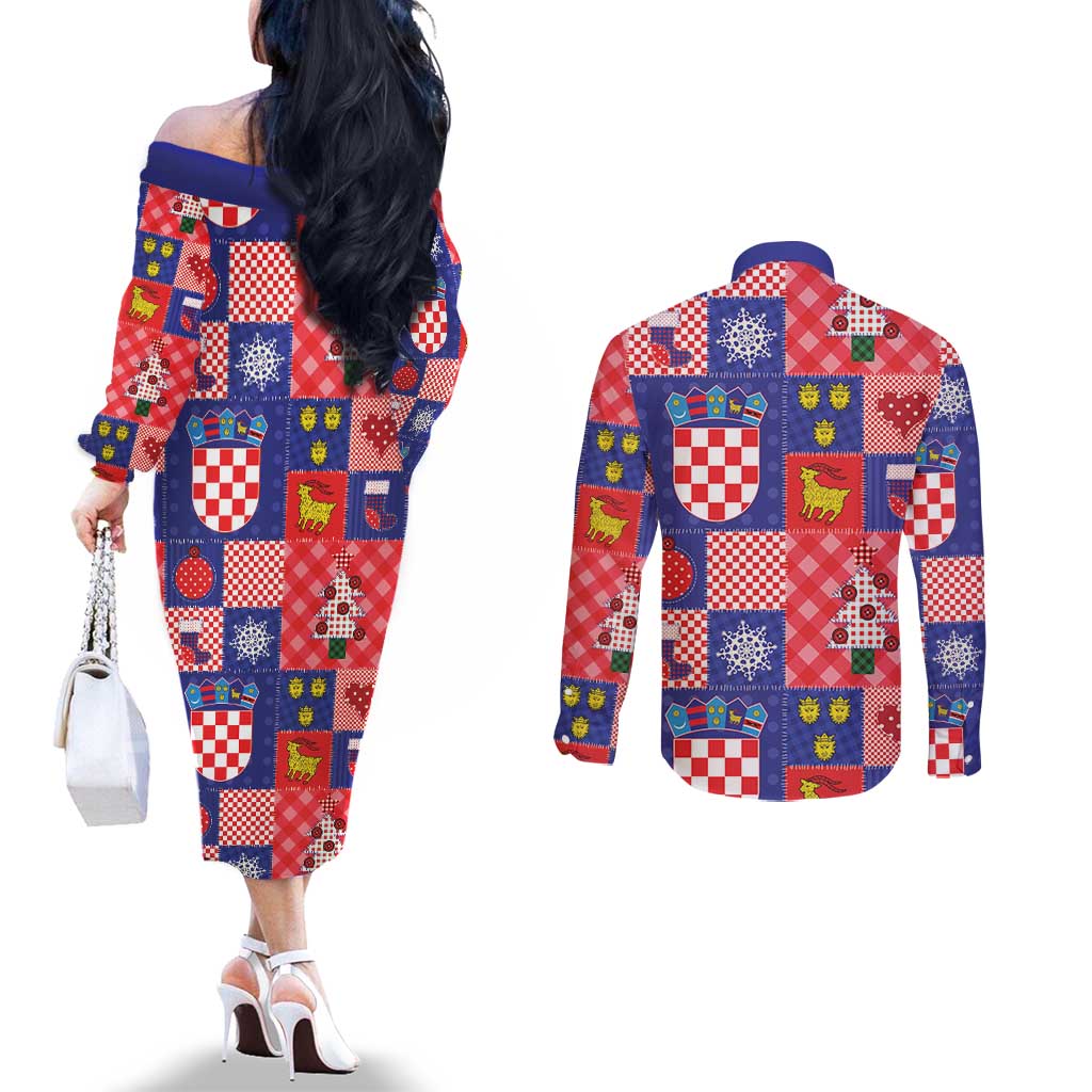 Croatia Christmas Patchwork Couples Matching Off The Shoulder Long Sleeve Dress and Long Sleeve Button Shirt - Wonder Print Shop
