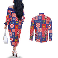 Croatia Christmas Patchwork Couples Matching Off The Shoulder Long Sleeve Dress and Long Sleeve Button Shirt - Wonder Print Shop