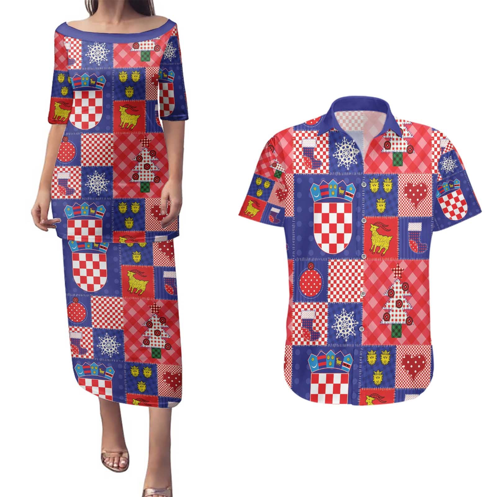 Croatia Christmas Patchwork Couples Matching Puletasi and Hawaiian Shirt - Wonder Print Shop