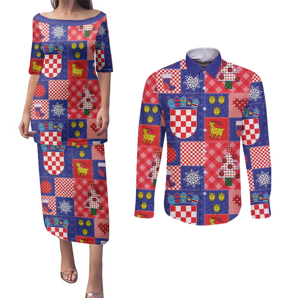 Croatia Christmas Patchwork Couples Matching Puletasi and Long Sleeve Button Shirt - Wonder Print Shop