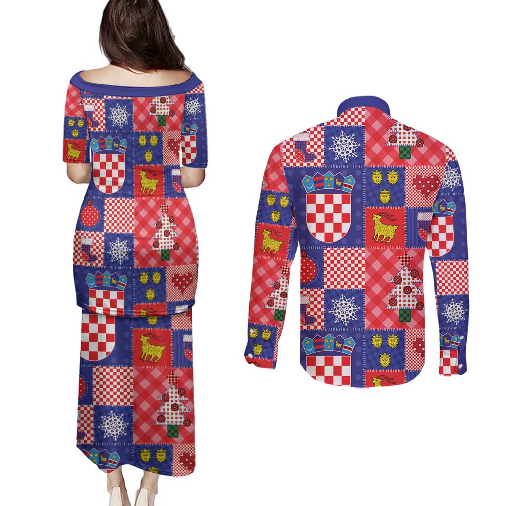 Croatia Christmas Patchwork Couples Matching Puletasi and Long Sleeve Button Shirt - Wonder Print Shop