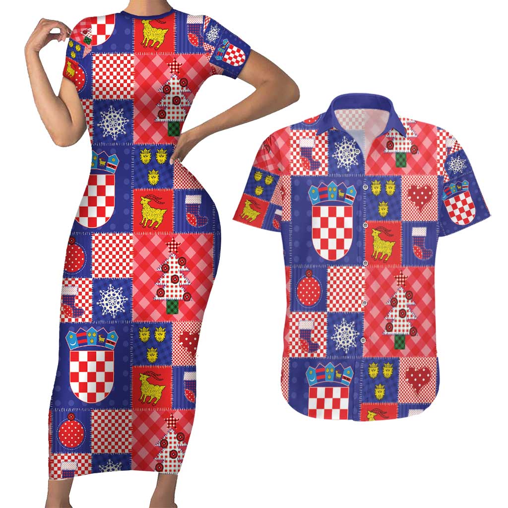 Croatia Christmas Patchwork Couples Matching Short Sleeve Bodycon Dress and Hawaiian Shirt - Wonder Print Shop
