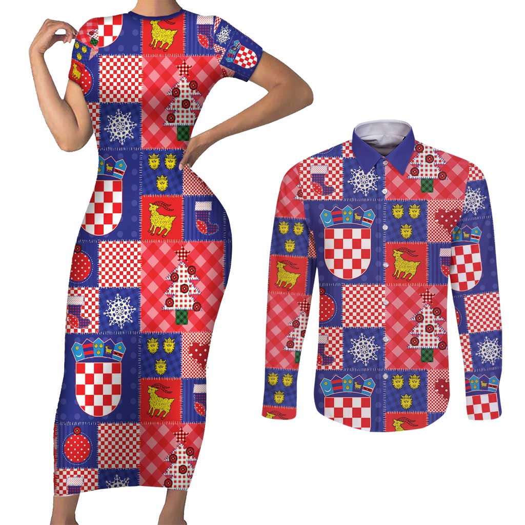 Croatia Christmas Patchwork Couples Matching Short Sleeve Bodycon Dress and Long Sleeve Button Shirt - Wonder Print Shop