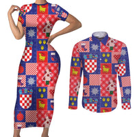 Croatia Christmas Patchwork Couples Matching Short Sleeve Bodycon Dress and Long Sleeve Button Shirt - Wonder Print Shop