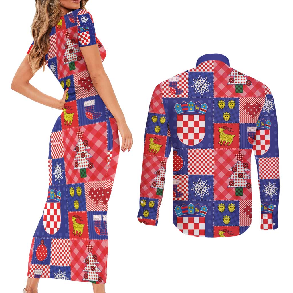 Croatia Christmas Patchwork Couples Matching Short Sleeve Bodycon Dress and Long Sleeve Button Shirt - Wonder Print Shop