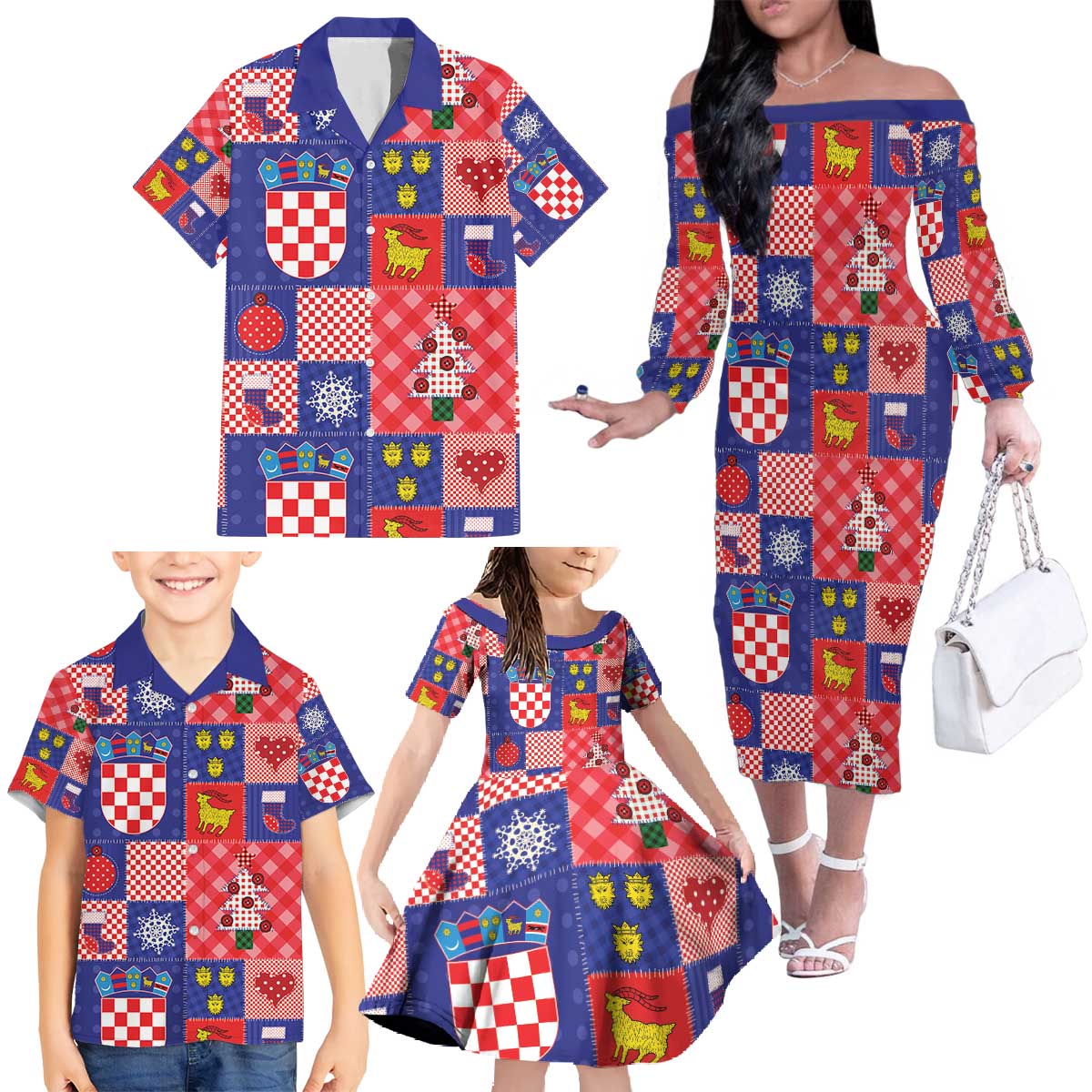 Croatia Christmas Patchwork Family Matching Off The Shoulder Long Sleeve Dress and Hawaiian Shirt - Wonder Print Shop