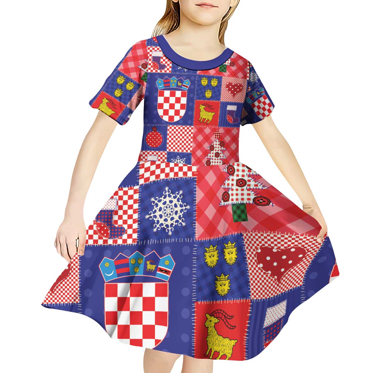 Croatia Christmas Patchwork Kid Short Sleeve Dress - Wonder Print Shop