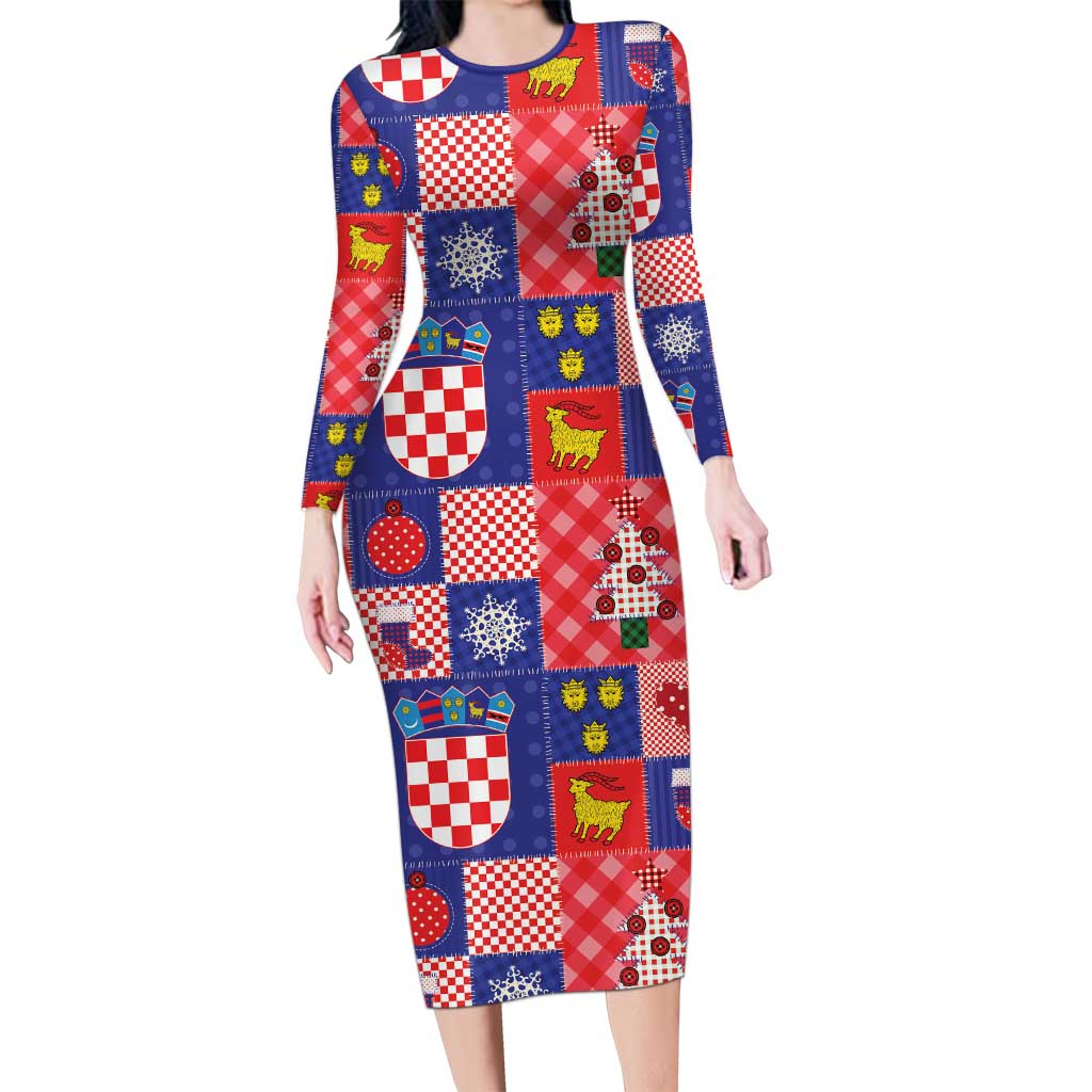 Croatia Christmas Patchwork Long Sleeve Bodycon Dress - Wonder Print Shop