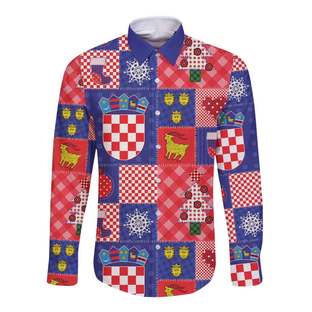 Croatia Christmas Patchwork Long Sleeve Button Shirt - Wonder Print Shop