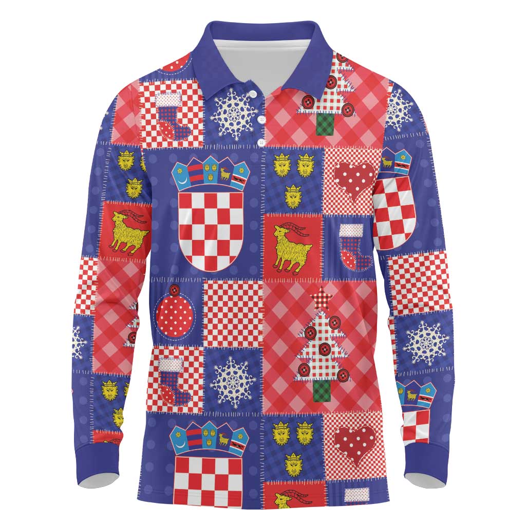 Croatia Christmas Patchwork Long Sleeve Polo Shirt - Wonder Print Shop