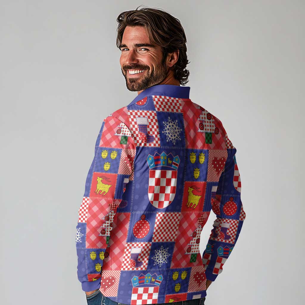 Croatia Christmas Patchwork Long Sleeve Polo Shirt - Wonder Print Shop