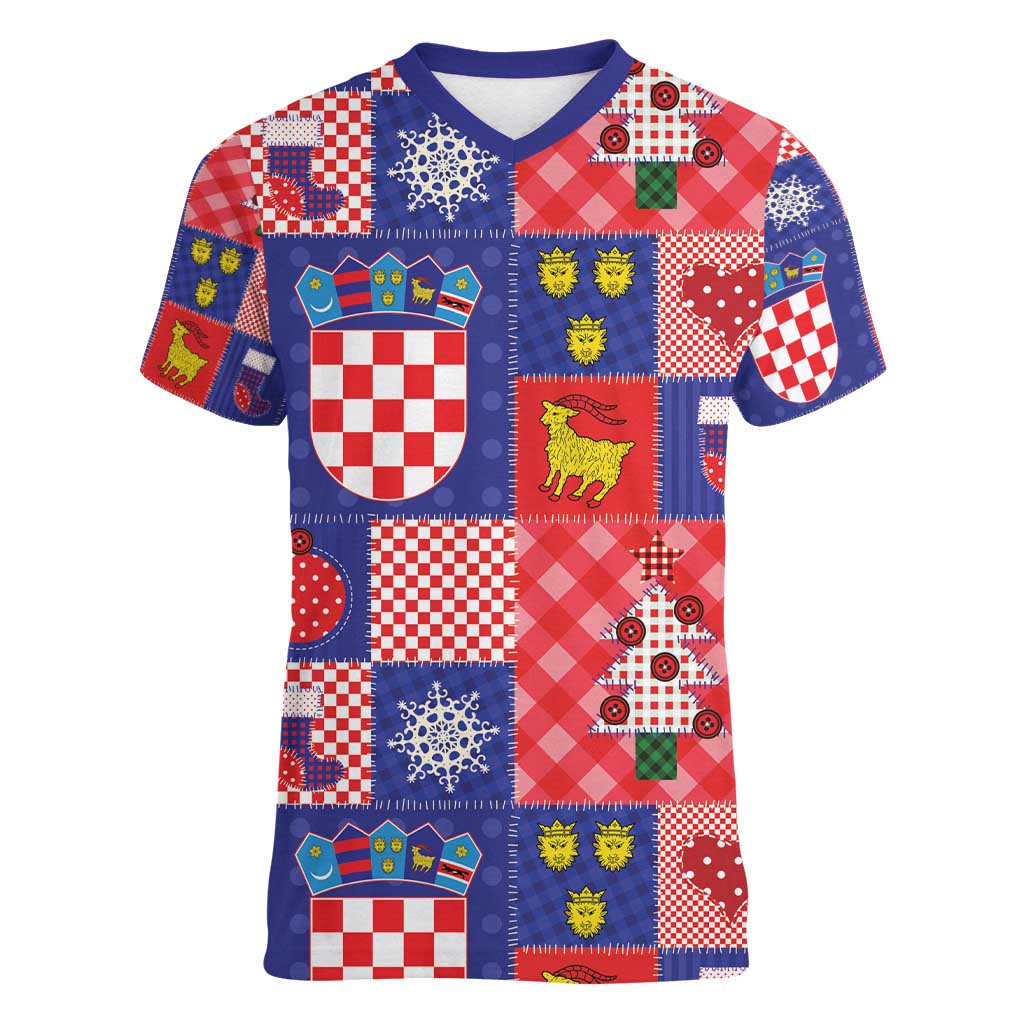 Croatia Christmas Patchwork Women V-Neck T-Shirt - Wonder Print Shop
