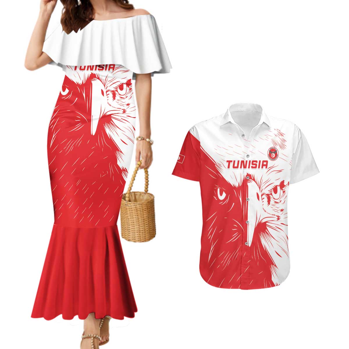 Custom Tunisia Football Couples Matching Mermaid Dress and Hawaiian Shirt Go Eagles of Carthage