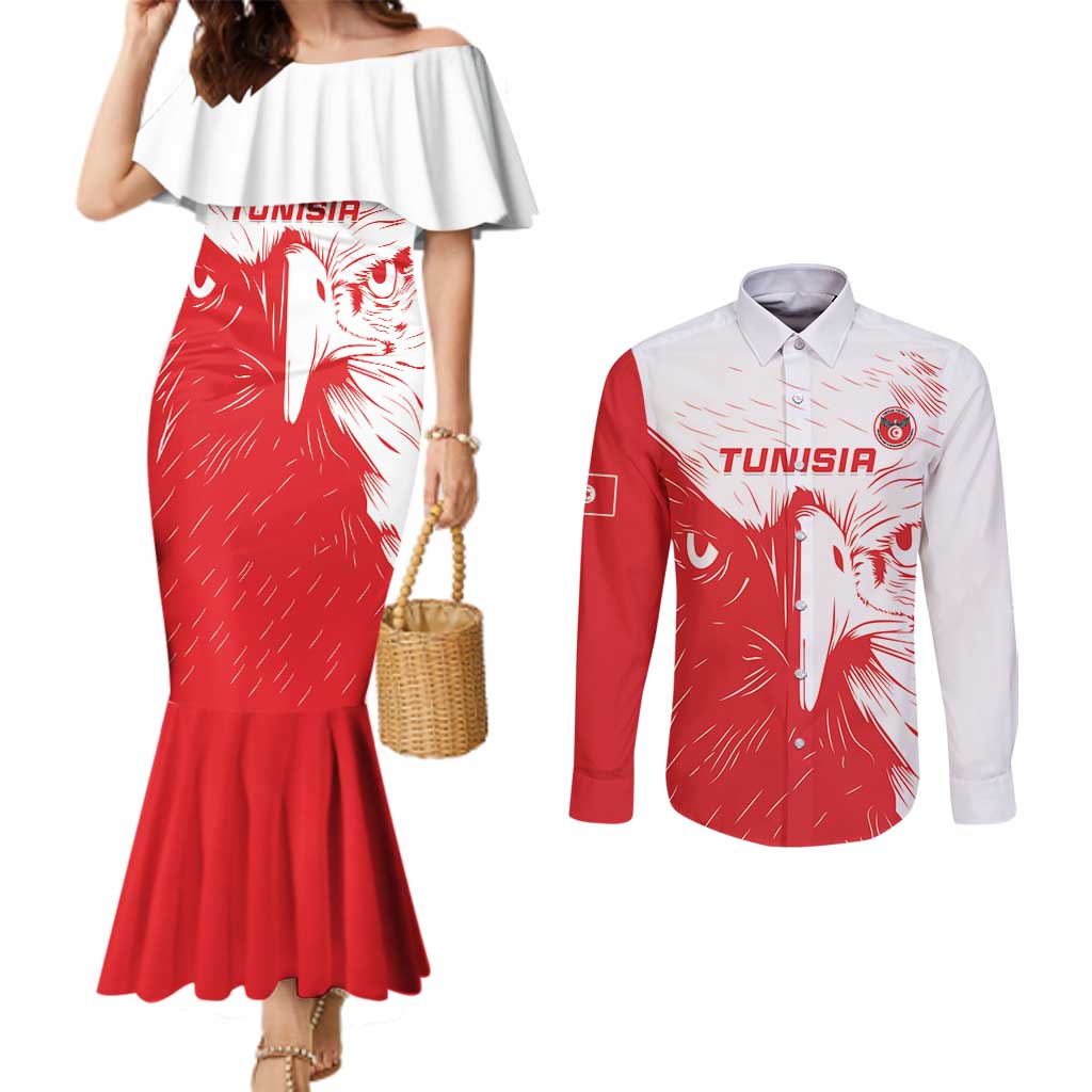 Custom Tunisia Football Couples Matching Mermaid Dress and Long Sleeve Button Shirt Go Eagles of Carthage