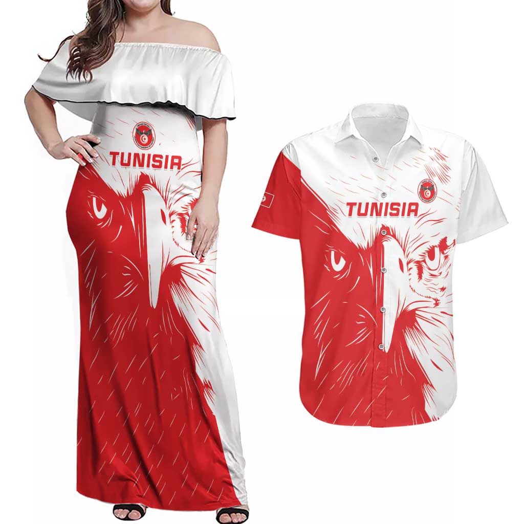 Custom Tunisia Football Couples Matching Off Shoulder Maxi Dress and Hawaiian Shirt Go Eagles of Carthage