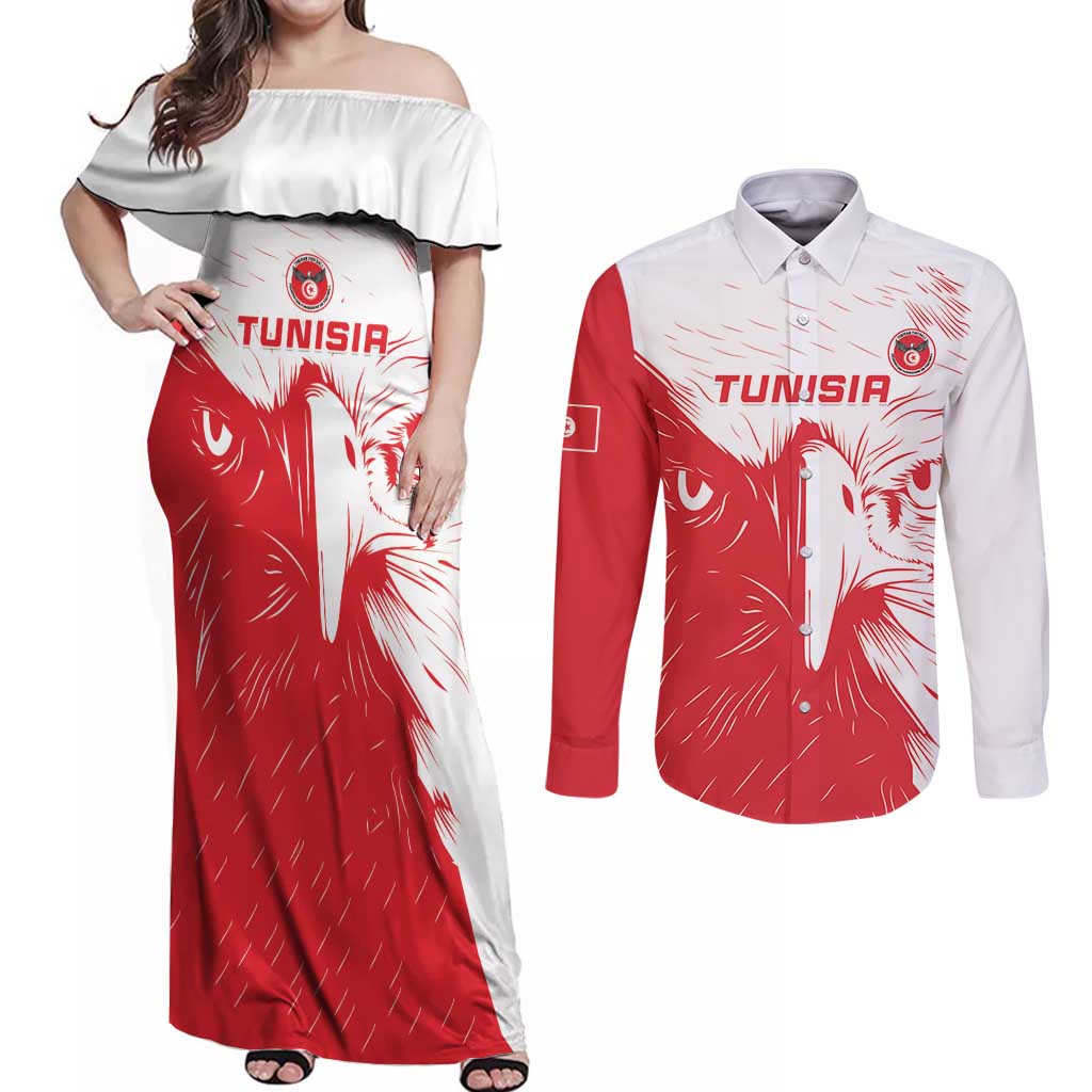 Custom Tunisia Football Couples Matching Off Shoulder Maxi Dress and Long Sleeve Button Shirt Go Eagles of Carthage