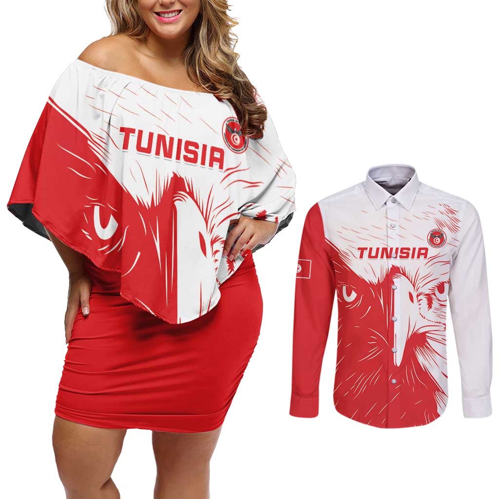 Custom Tunisia Football Couples Matching Off Shoulder Short Dress and Long Sleeve Button Shirt Go Eagles of Carthage