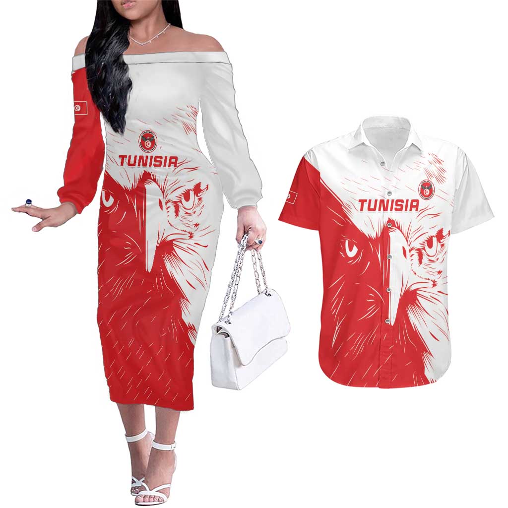 Custom Tunisia Football Couples Matching Off The Shoulder Long Sleeve Dress and Hawaiian Shirt Go Eagles of Carthage