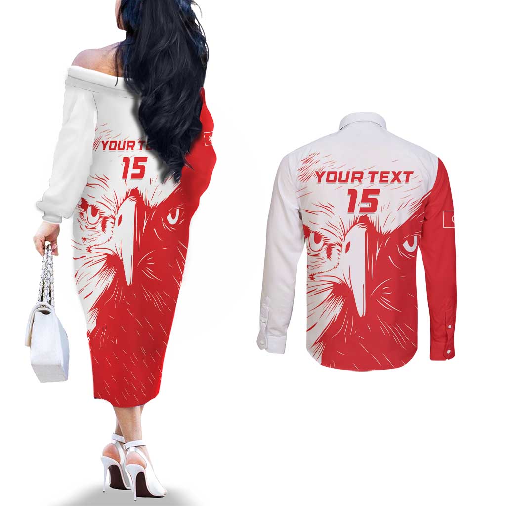 Custom Tunisia Football Couples Matching Off The Shoulder Long Sleeve Dress and Long Sleeve Button Shirt Go Eagles of Carthage