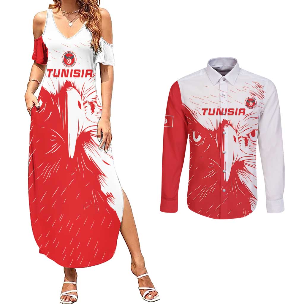 Custom Tunisia Football Couples Matching Summer Maxi Dress and Long Sleeve Button Shirt Go Eagles of Carthage