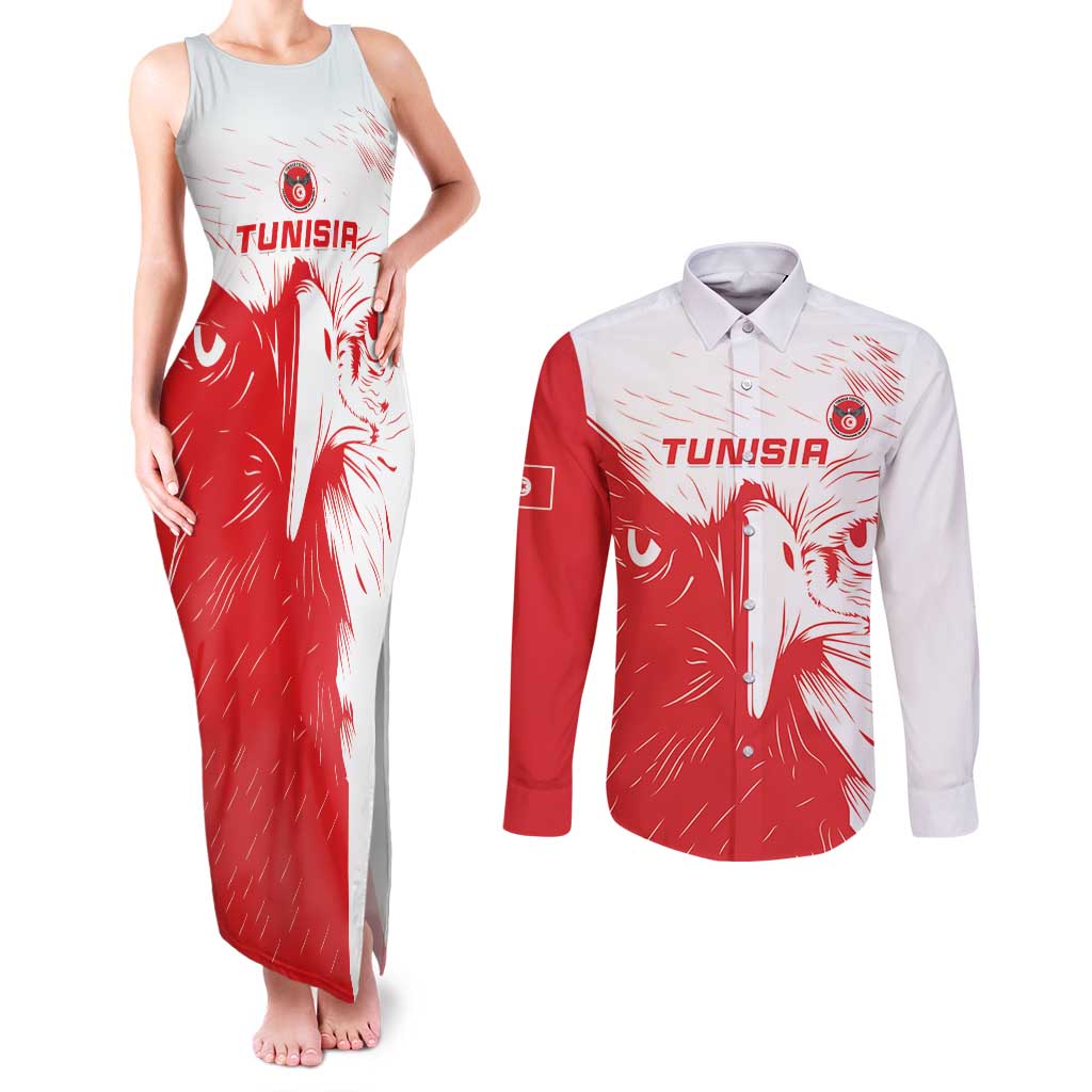 Custom Tunisia Football Couples Matching Tank Maxi Dress and Long Sleeve Button Shirt Go Eagles of Carthage
