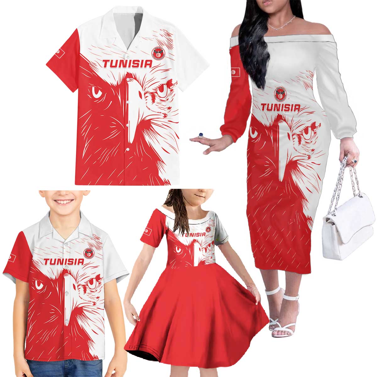 Custom Tunisia Football Family Matching Off The Shoulder Long Sleeve Dress and Hawaiian Shirt Go Eagles of Carthage
