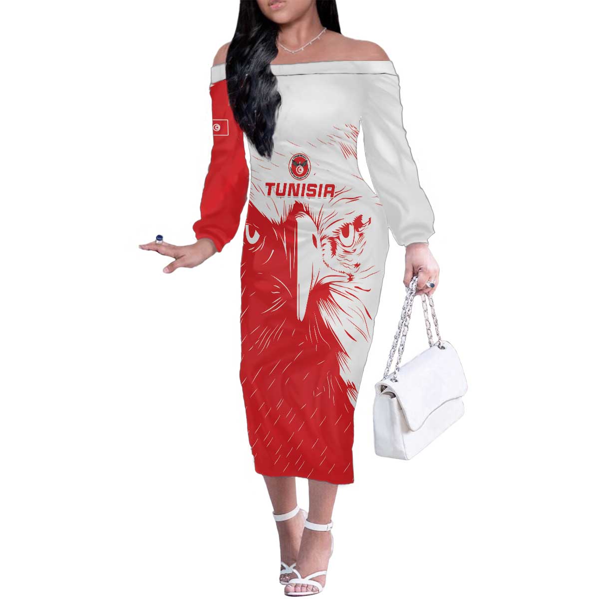 Custom Tunisia Football Family Matching Off The Shoulder Long Sleeve Dress and Hawaiian Shirt Go Eagles of Carthage